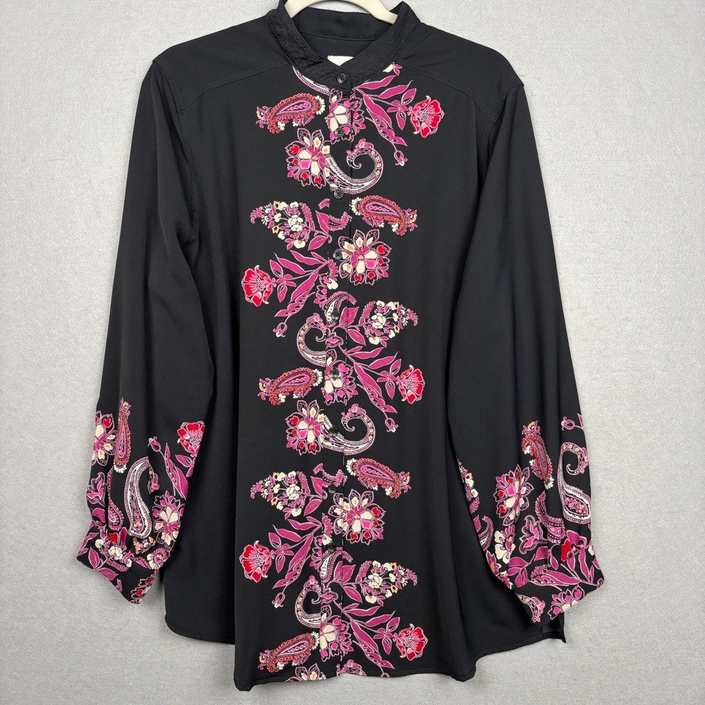 Chico's Blouse Womens 3 XL 16 Paisley Floral Smocked Cuff Boho